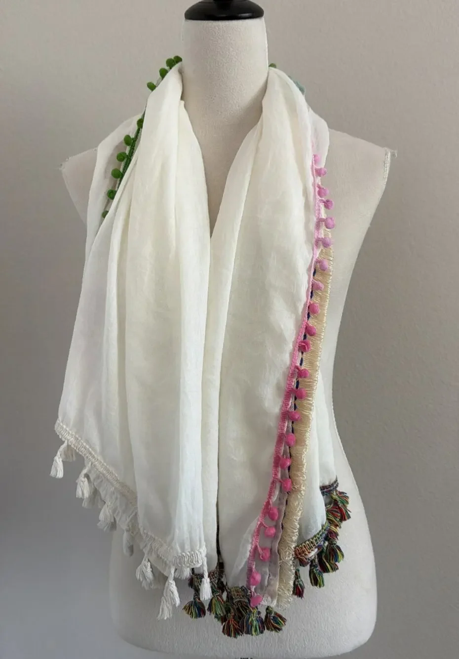 Steve Madden Scarf One Size Ivory Various Colored Tassels Cotton Blend Boho Wrap